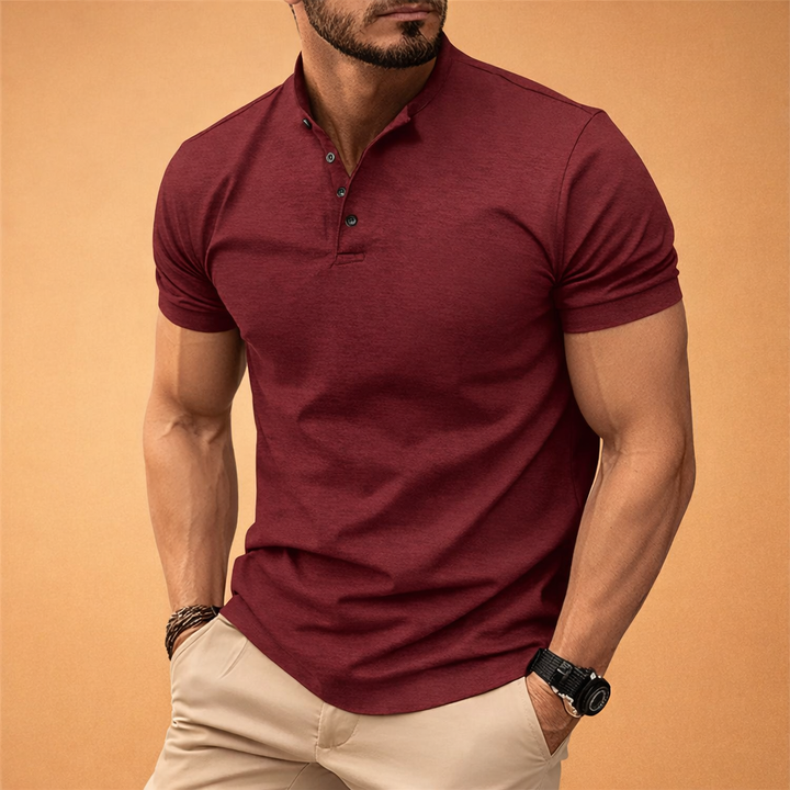 Stylish men's slim fit polo shirt, modern short sleeve design for smart casual versatility.