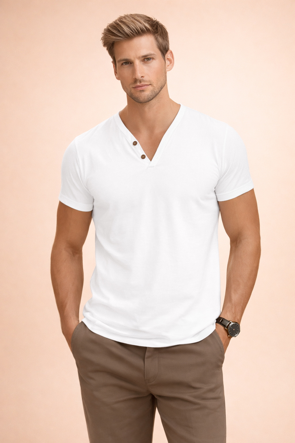 Man wearing a versatile slim fit V-neck t-shirt. Comfortable short sleeve top for modern spring & summer styles.