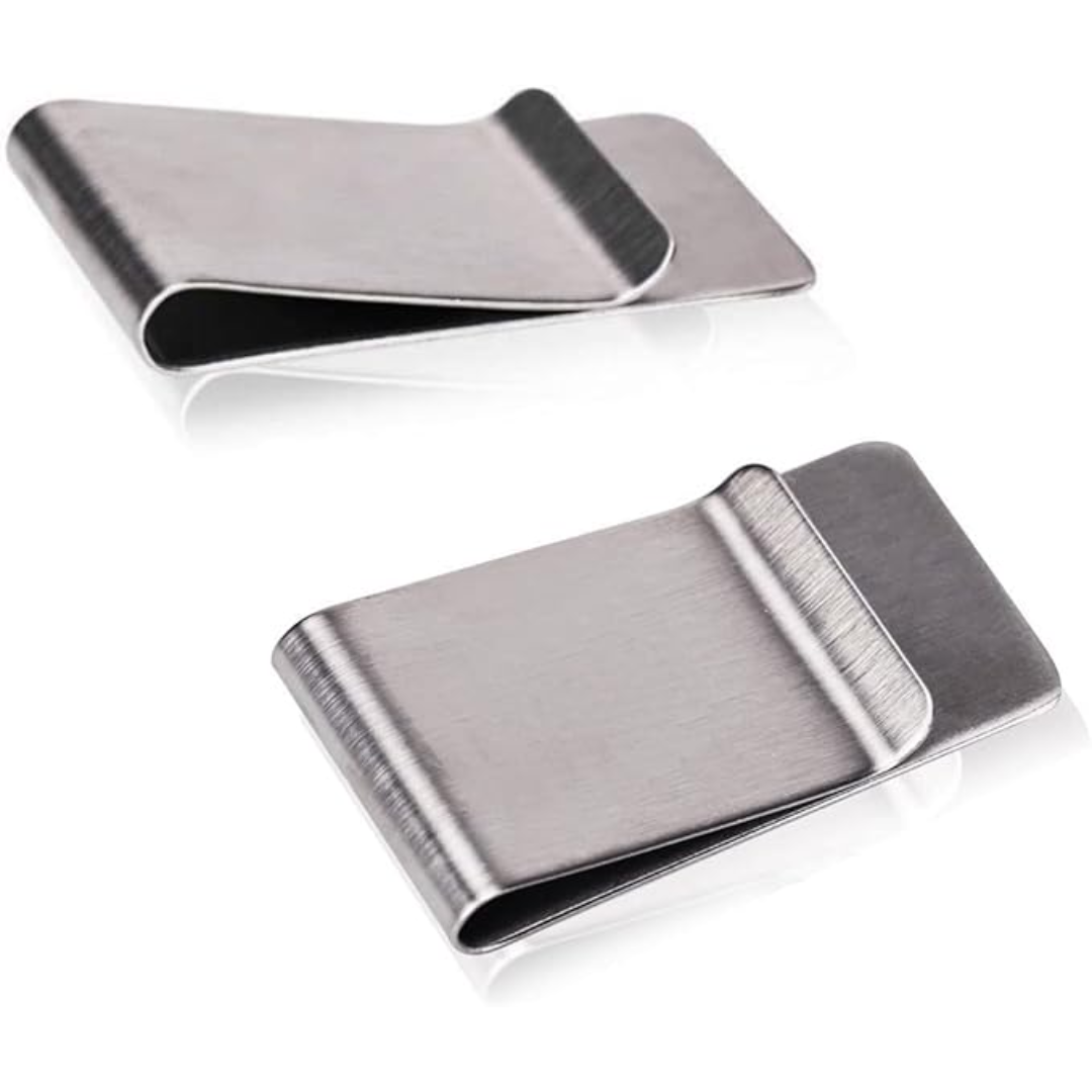 Sleek stainless steel money clip & card holder, perfect professional accessory for men. Slim minimalist design.
