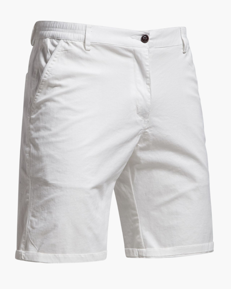 Man walking confidently in men's smart casual chino shorts, suitable for versatile summer activities & everyday wear.