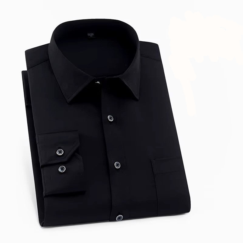 Men's smart casual dress shirt, versatile long sleeve with stretch polyester-spandex fabric for comfort.
