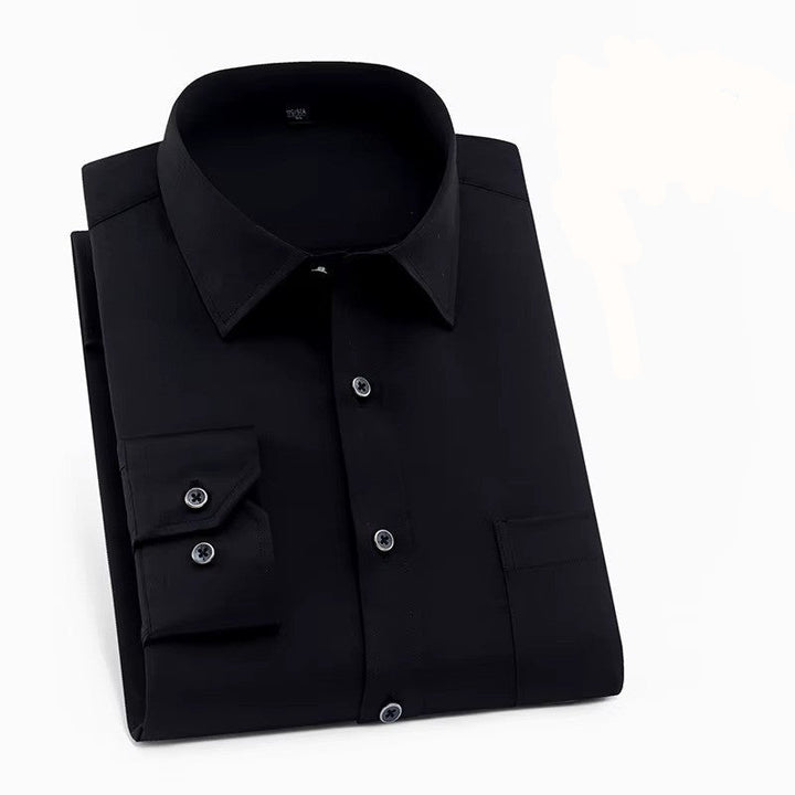 Men's smart casual dress shirt, versatile long sleeve with stretch polyester-spandex fabric for comfort.