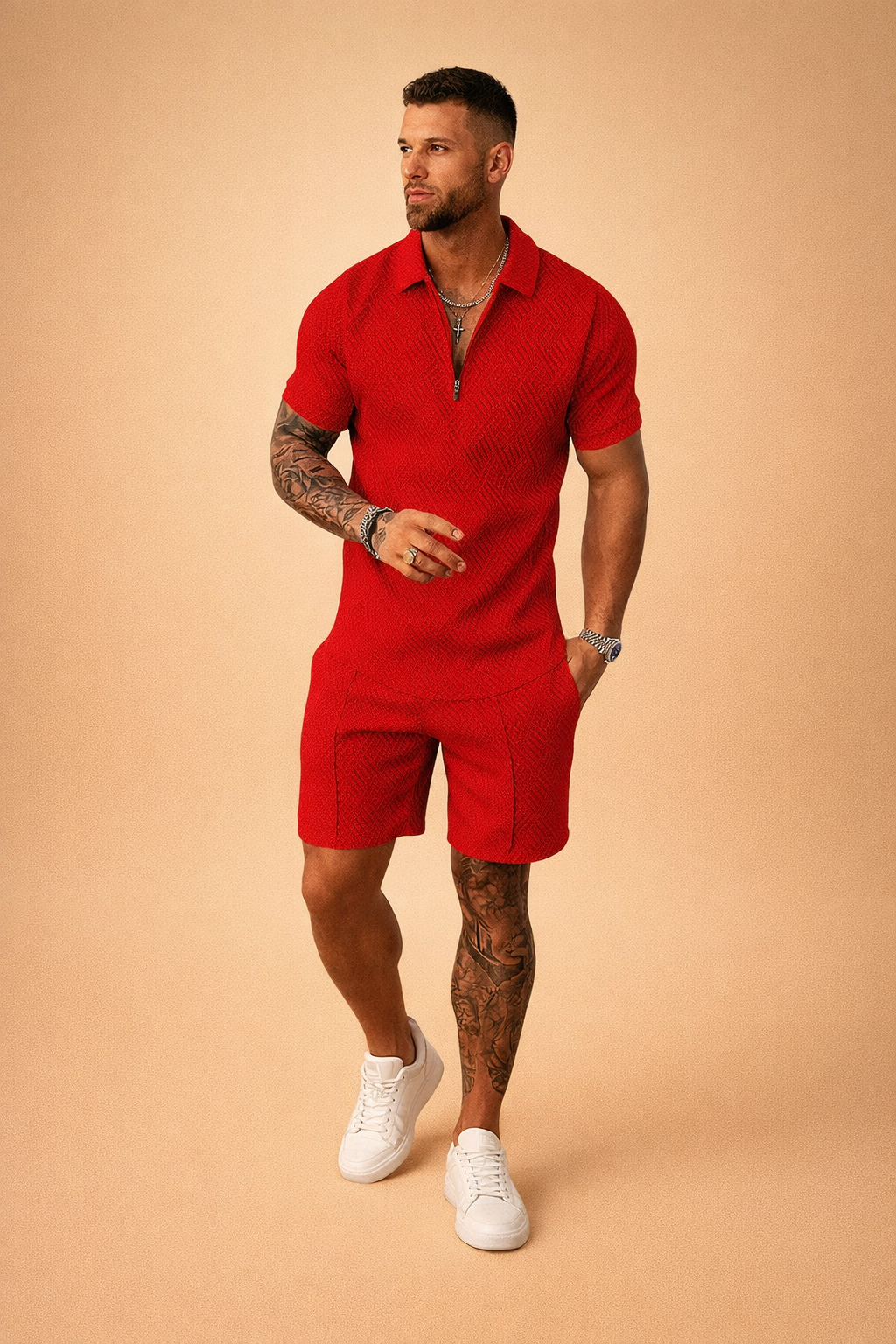 Model wearing a men's smart casual polo and shorts summer set, a comfortable and stylish everyday leisure outfit.