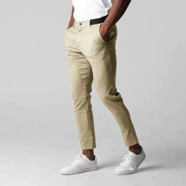 Slim-fit men's stretch chino pants, ideal for casual or smart casual looks. Breathable cotton blend for comfort.