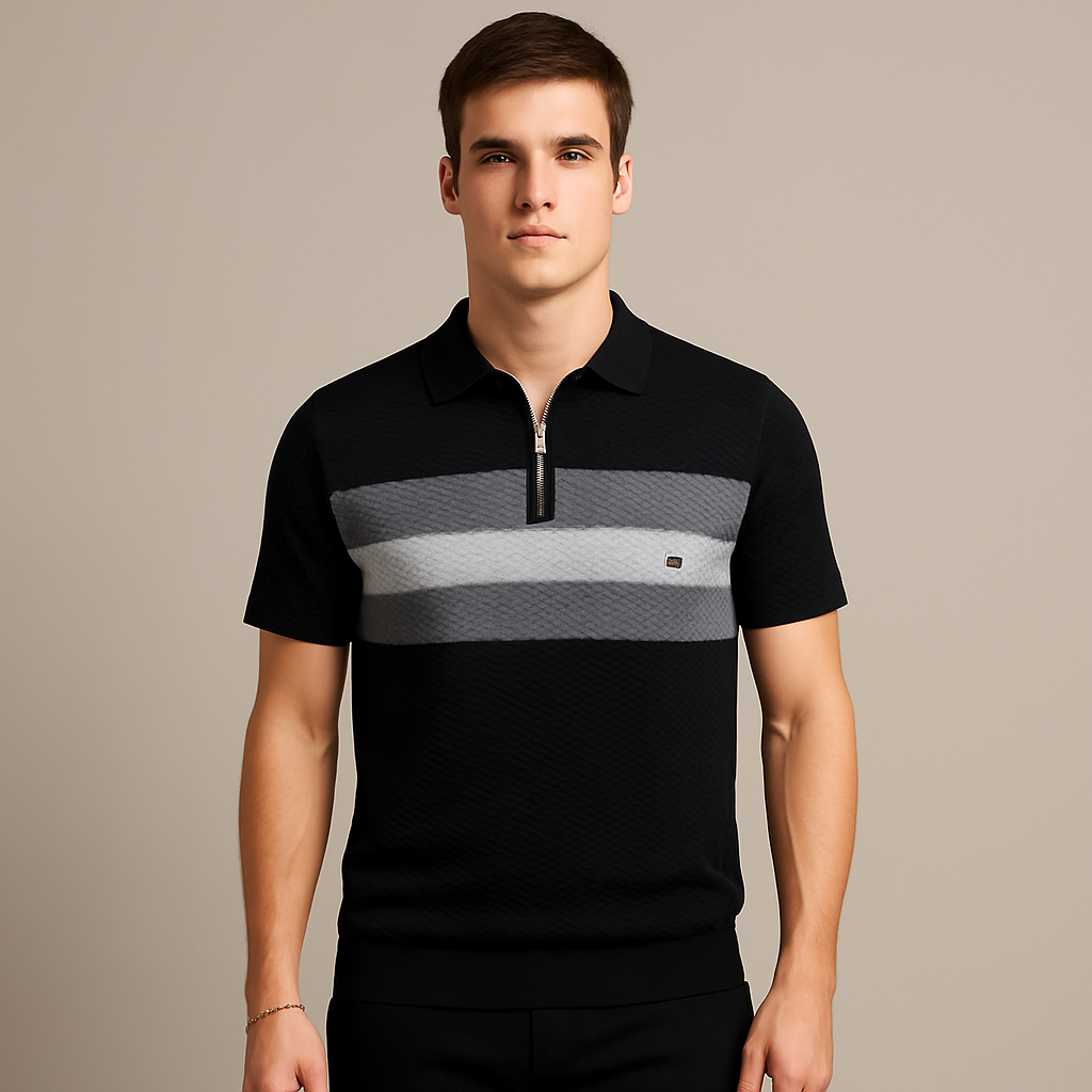 Men's striped half-zip polo shirt for summer. Comfortable, casual, and stylish collared top for warm weather.