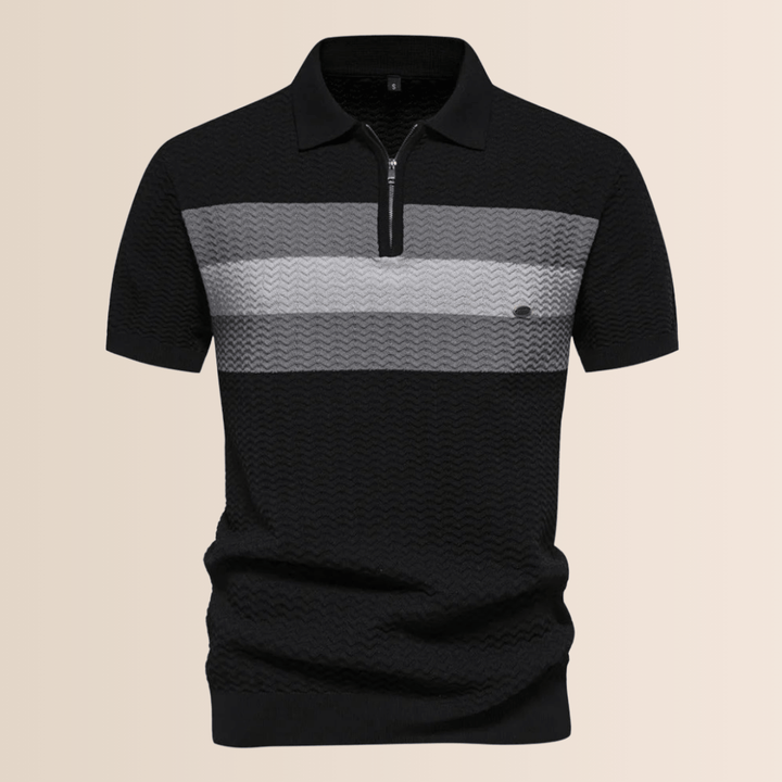 Stylish men's striped half-zip polo. Ideal summer casual wear, offering comfort & a fashionable look.