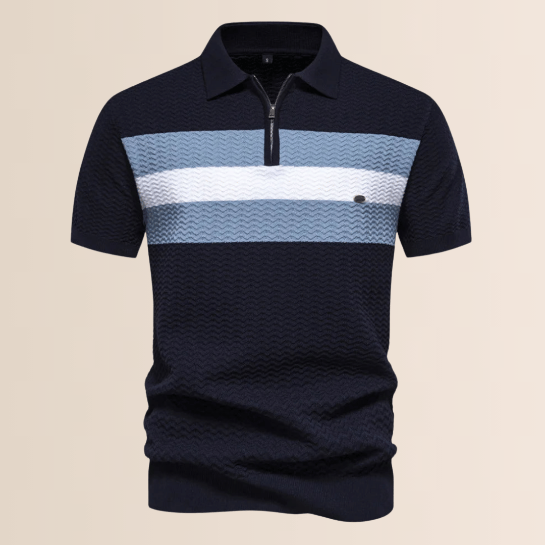 Close-up of a men's striped half-zip polo, featuring a classic collar and stylish summer stripes.