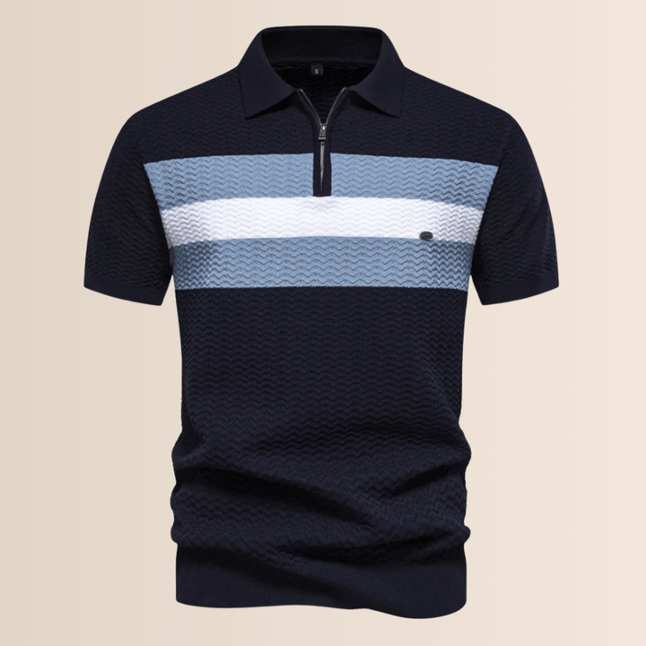 Close-up of a men's striped half-zip polo, featuring a classic collar and stylish summer stripes.