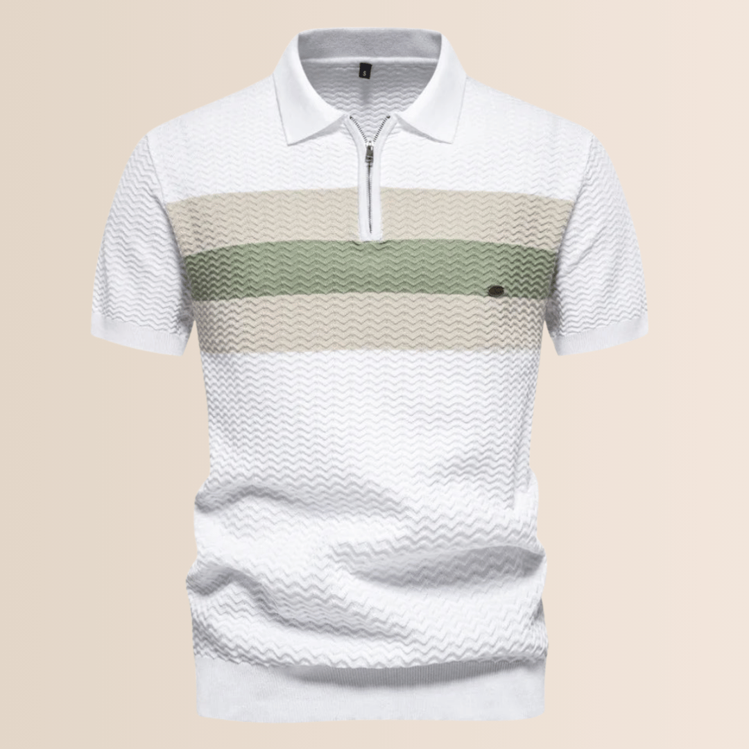 Men's casual summer polo with stylish stripes and a half-zip design. Perfect comfortable top for men.