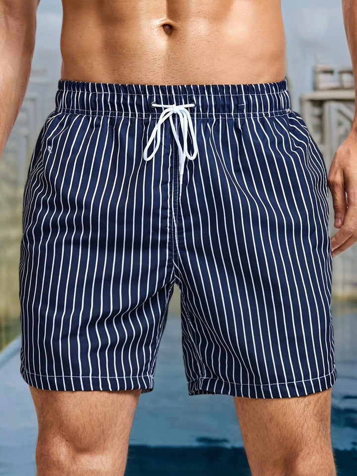 Men's striped swim shorts with drawstring waist. Perfect for beach, pool, or summer vacation wear.