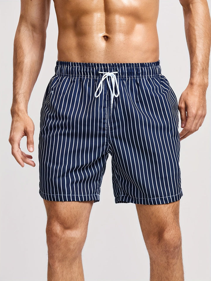 Stylish men's striped beachwear shorts with adjustable drawstring. Ideal for summer fashion & casual outings.