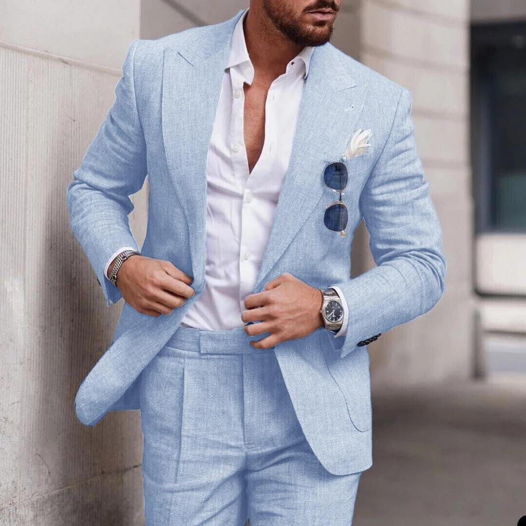 Men's stylish 2-piece linen beach wedding suit, perfect for summer formal events.