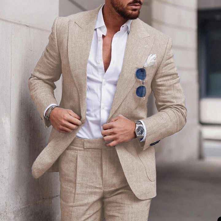 Light blue men's 2-piece linen suit for a beach wedding or summer special occasion.