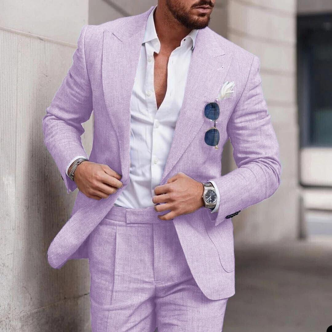 Champagne men's 2-piece linen formal suit, elegant for summer weddings and events.