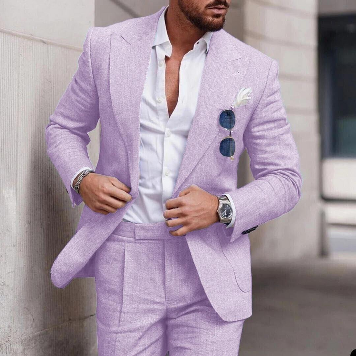 Champagne men's 2-piece linen formal suit, elegant for summer weddings and events.