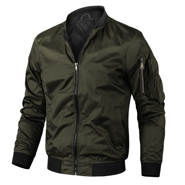 Lightweight zip-up men's bomber jacket featuring a trendy utility sleeve pocket. Ideal for spring/autumn outerwear.