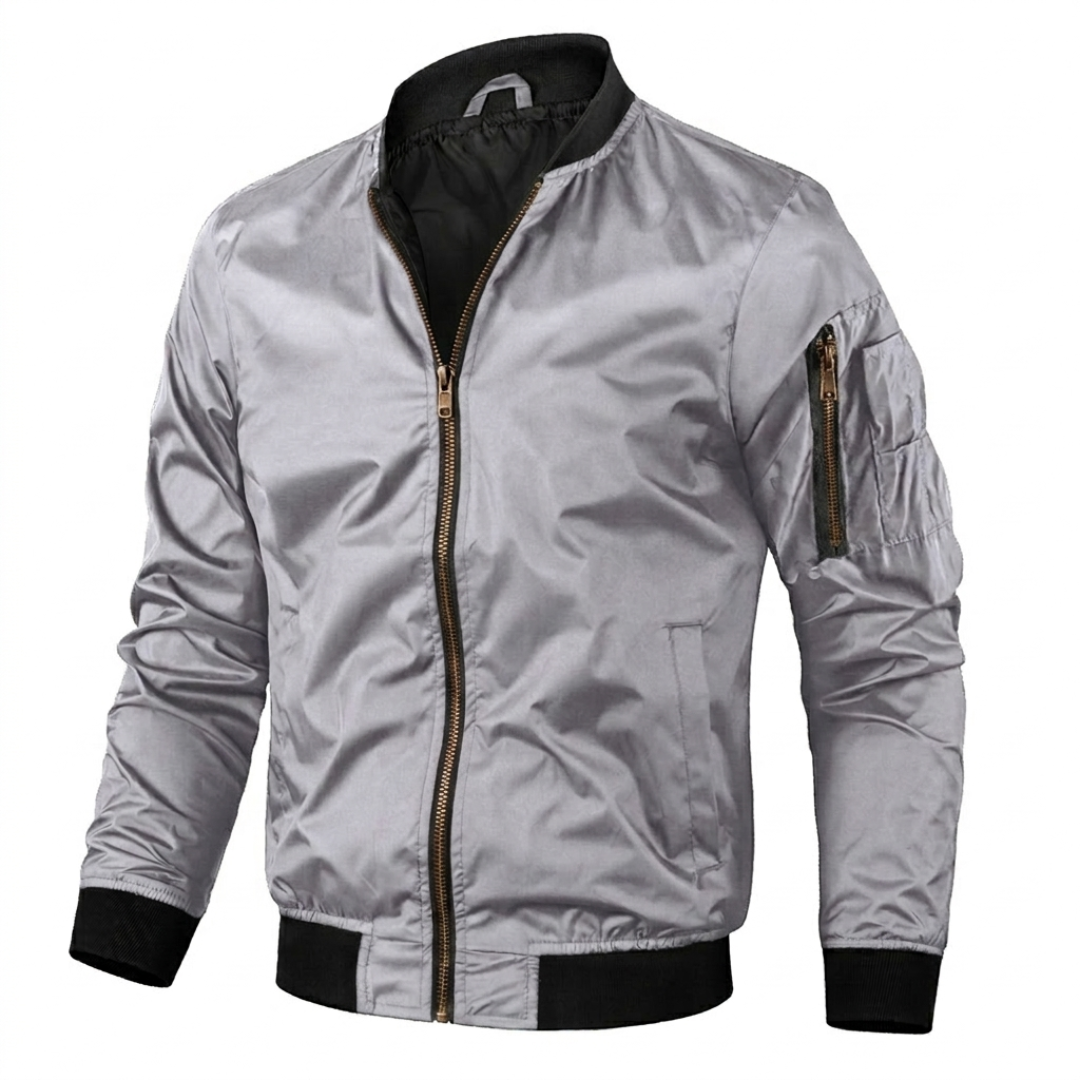 Modern men's fashion bomber jacket, a versatile zip-up outer layer with a distinct sleeve utility pocket.