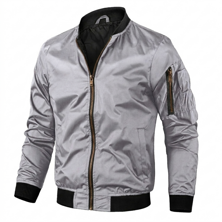 Modern men's fashion bomber jacket, a versatile zip-up outer layer with a distinct sleeve utility pocket.