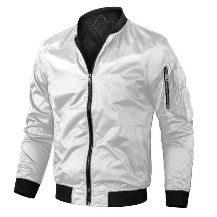 Casual men's bomber jacket, a sleek lightweight option with a signature utility pocket on the sleeve for modern style.
