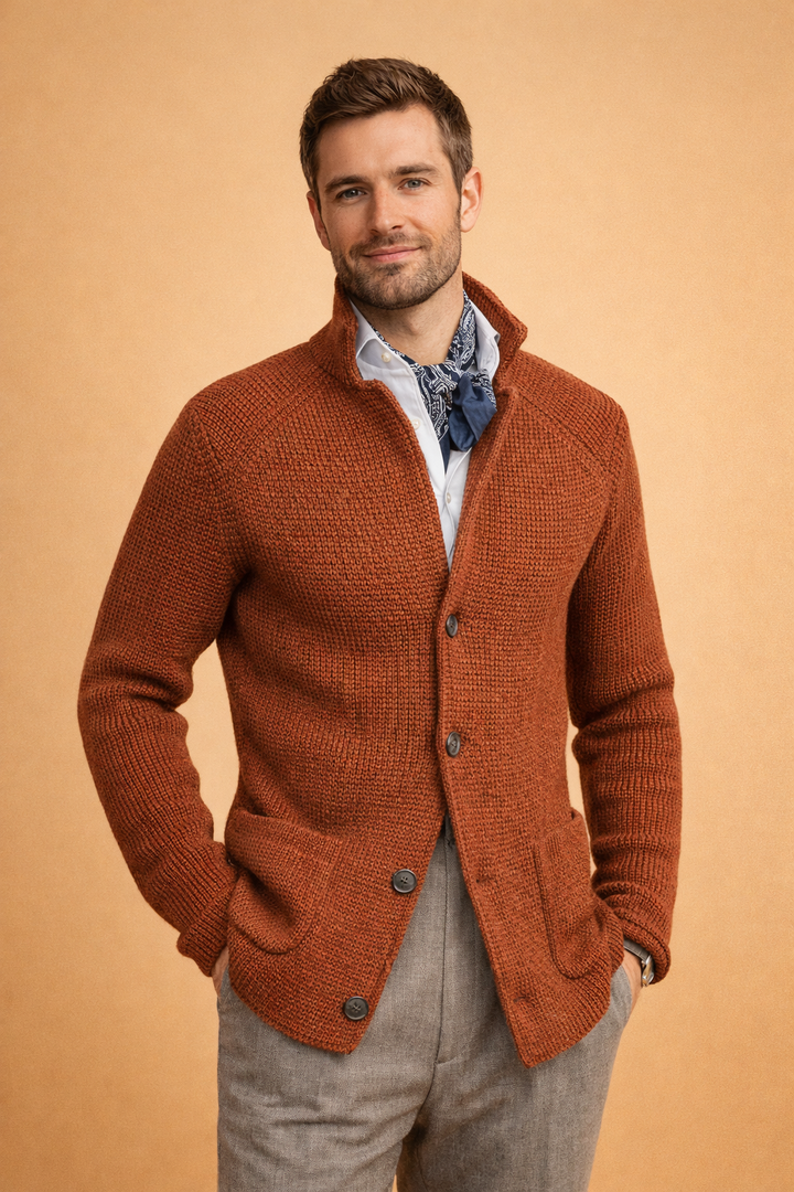 Men's cozy button-up cardigan, perfect for layering over shirts in winter fashion. Warm & comfortable sweater.