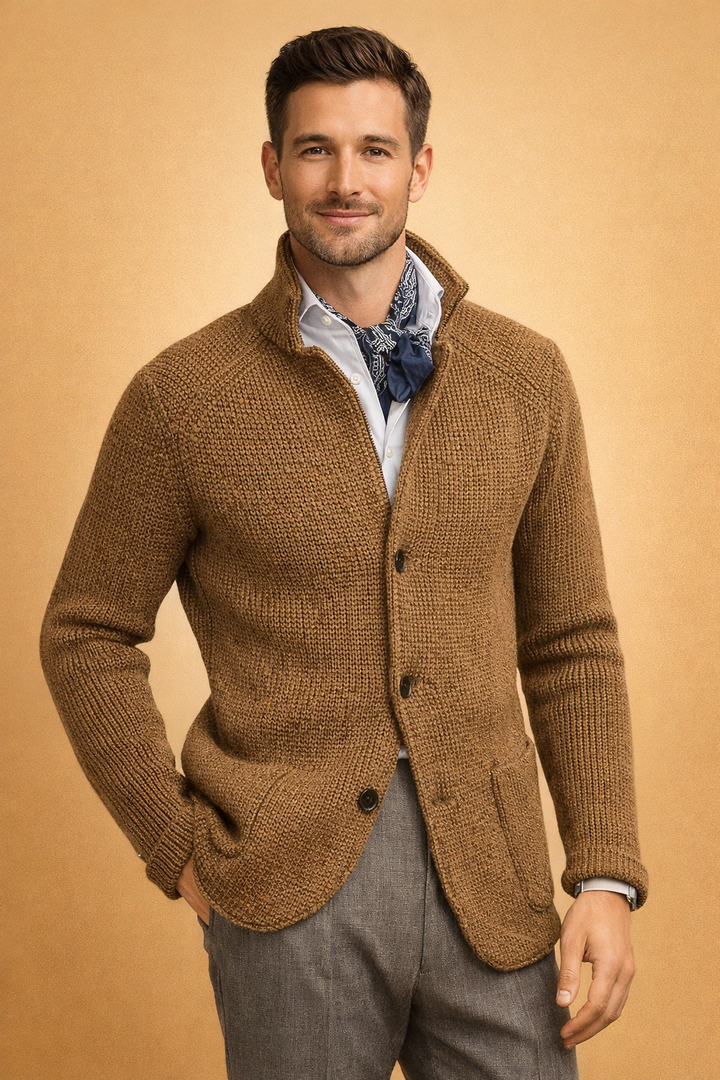 Stylish men's button-up knit cardigan for everyday comfort, a versatile long-sleeve top for winter layering.