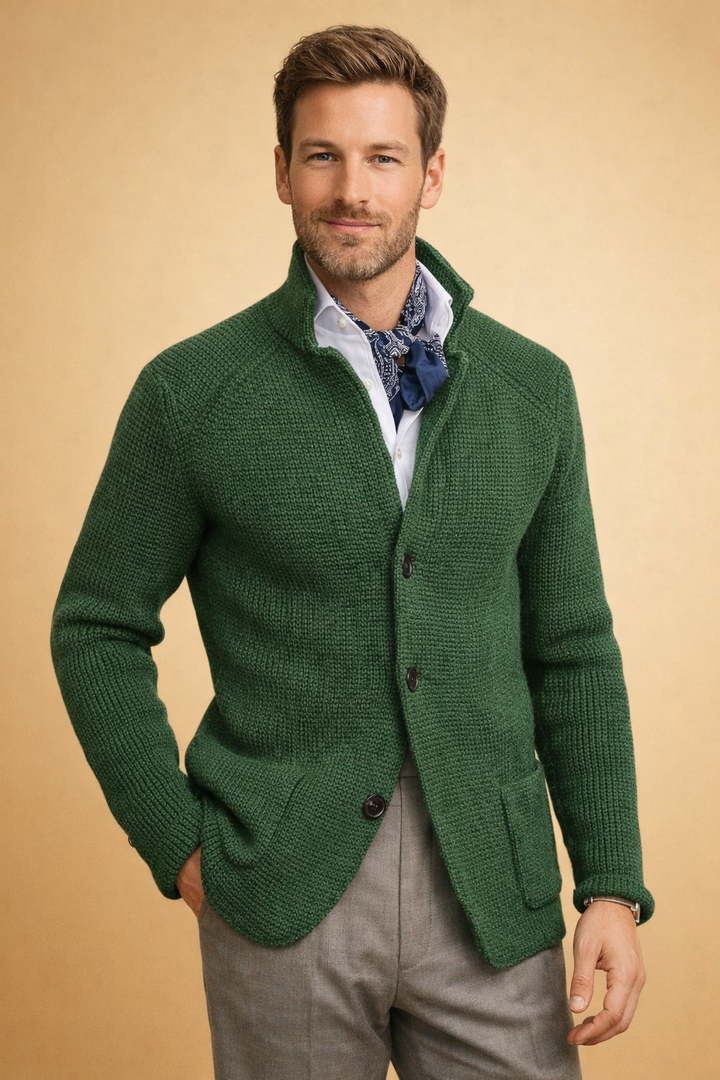 Premium men's long-sleeve button-up cardigan, a comfortable knit sweater for versatile casual & smart casual style.