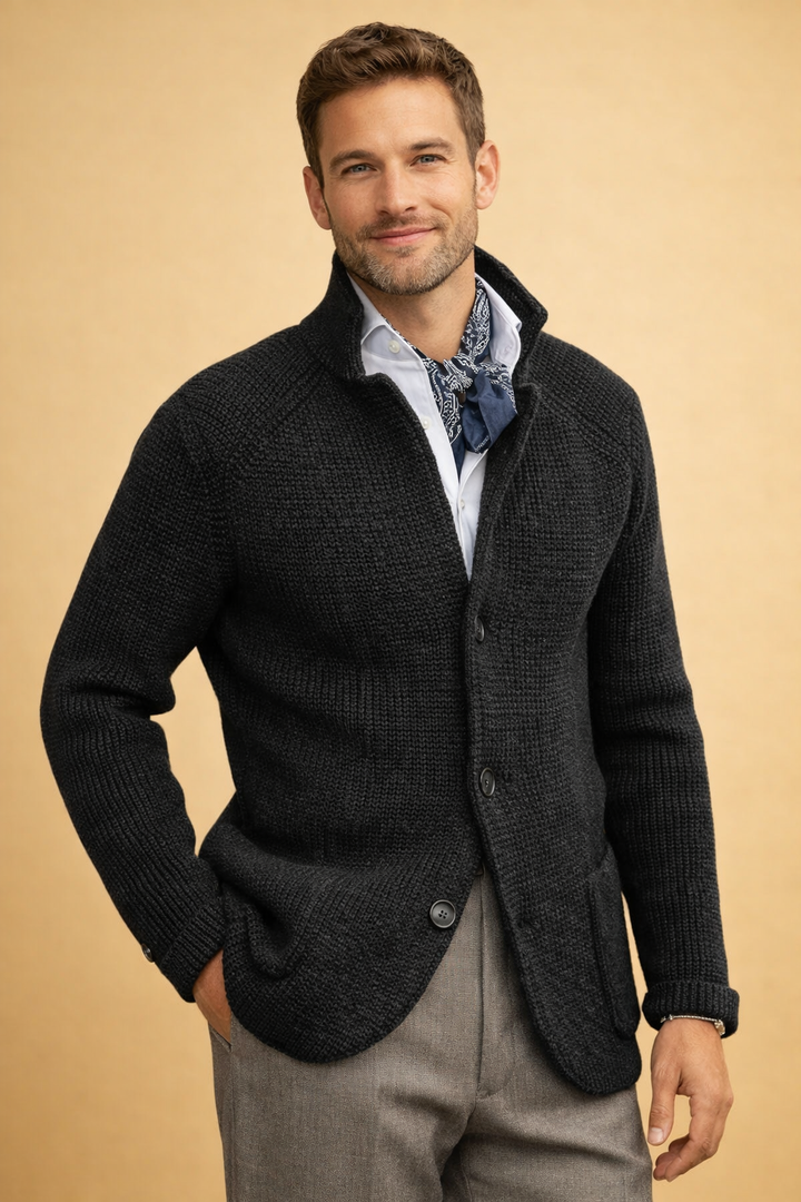 Warm men's long-sleeve button-up cardigan, knitwear for versatile layering & winter style. Comfortable top.