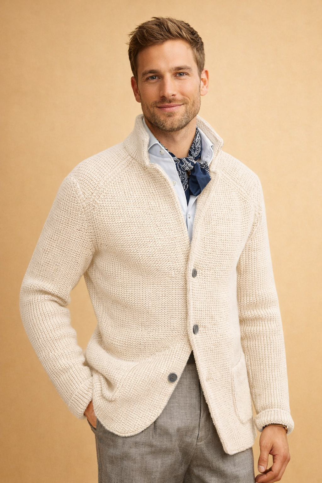 Comfortable men's knit cardigan, soft button-up sweater for casual wear & warmth. Stylish long-sleeve top.