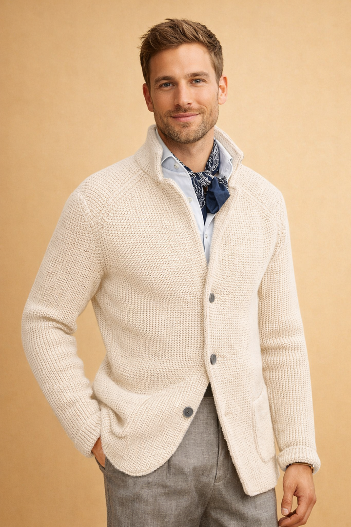 Comfortable men's knit cardigan, soft button-up sweater for casual wear & warmth. Stylish long-sleeve top.