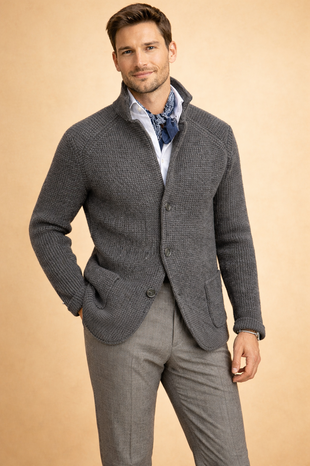 Knitwear men's long-sleeve button-up sweater, a warm & comfortable top for winter fashion. Casual style.