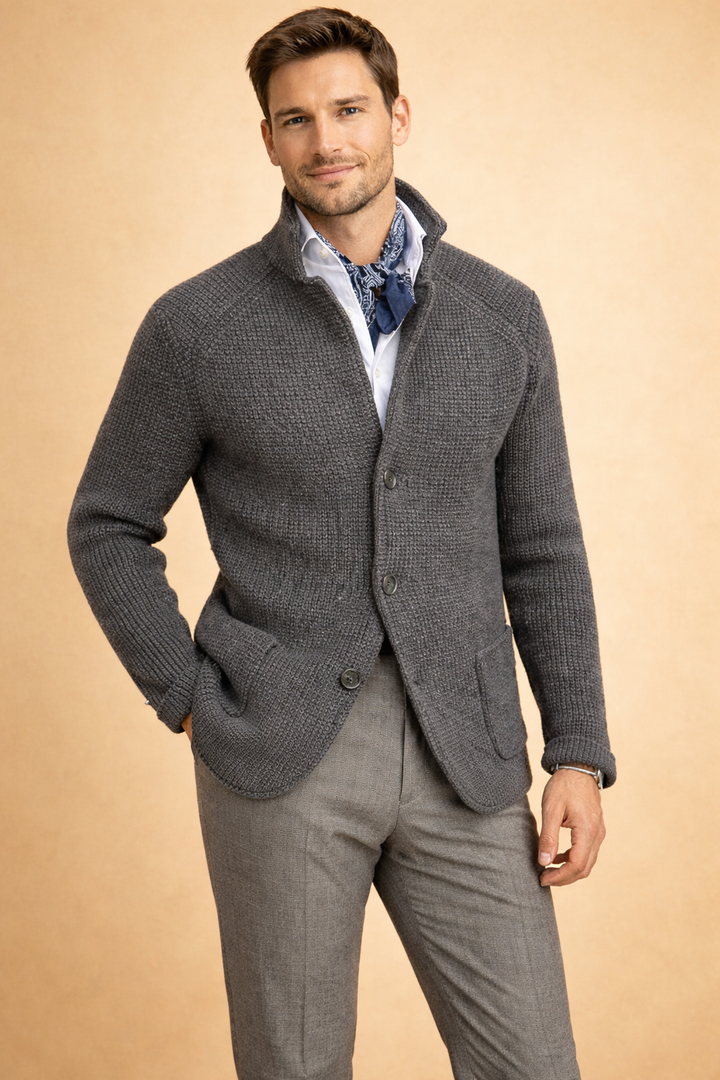 Knitwear men's long-sleeve button-up sweater, a warm & comfortable top for winter fashion. Casual style.