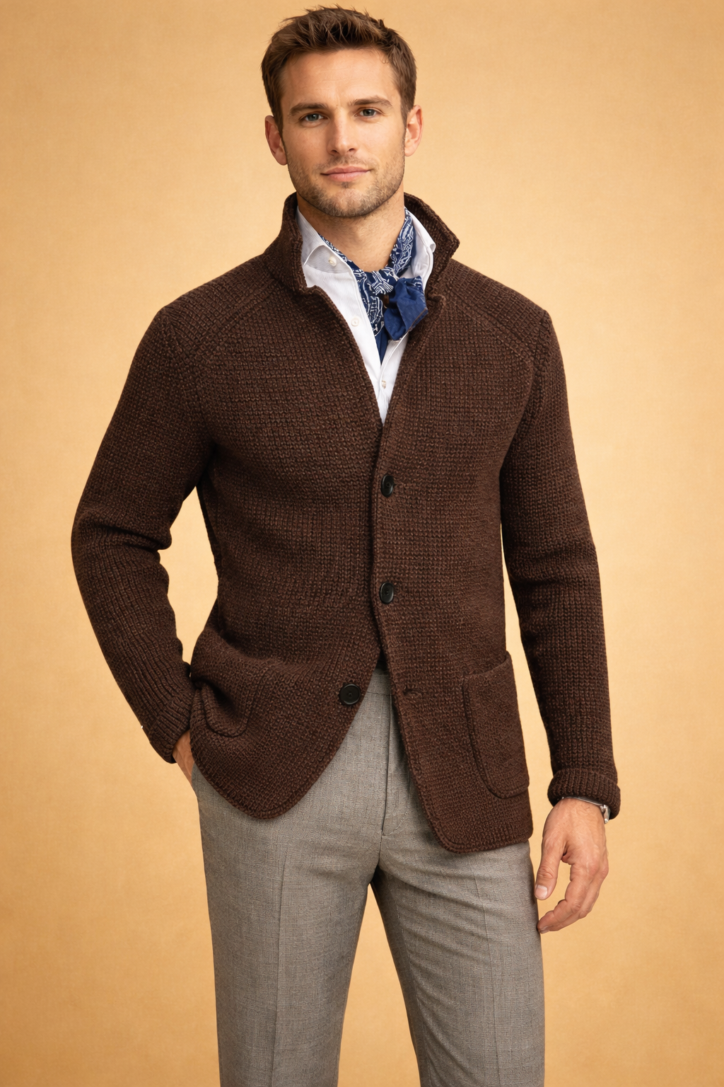 Man wearing a stylish gray button-up cardigan, ideal for casual comfort & layering. Modern men's style.