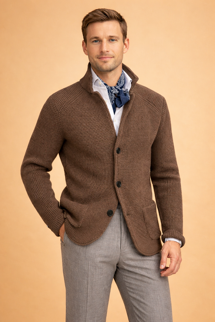 Classic navy men's button-up cardigan, comfortable knitwear for smart casual winter style. Warm & versatile.