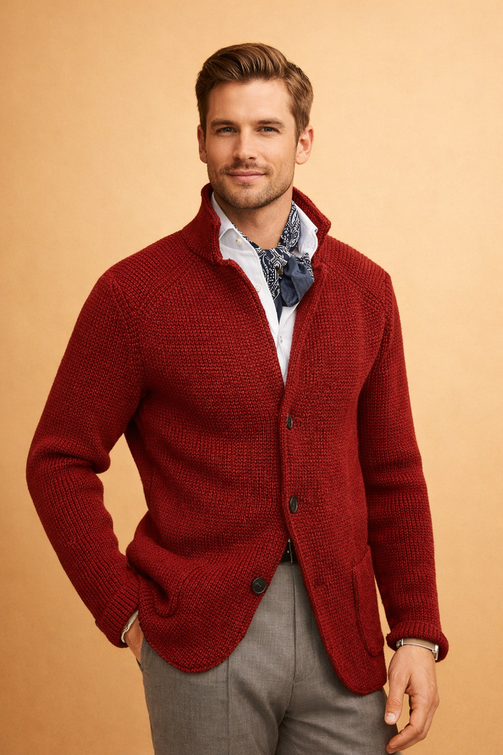Close-up of a men's knit button-up cardigan, highlighting soft texture & quality design. Modern warmth.