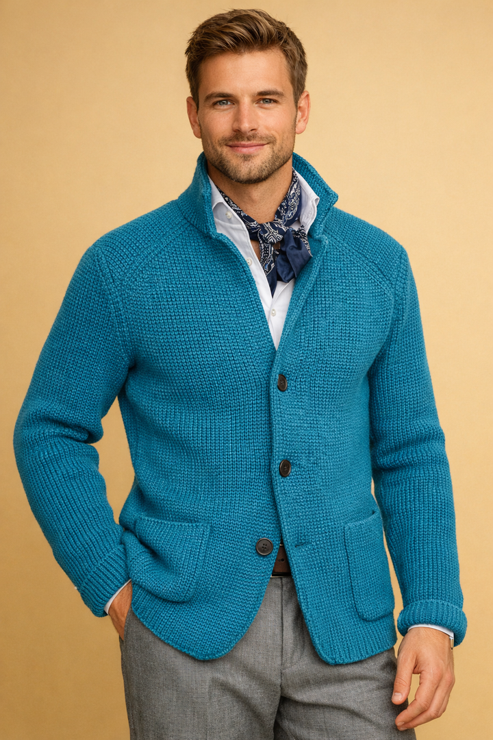 Man modeling a versatile men's button-up cardigan with a casual yet stylish look. Everyday comfort knitwear.