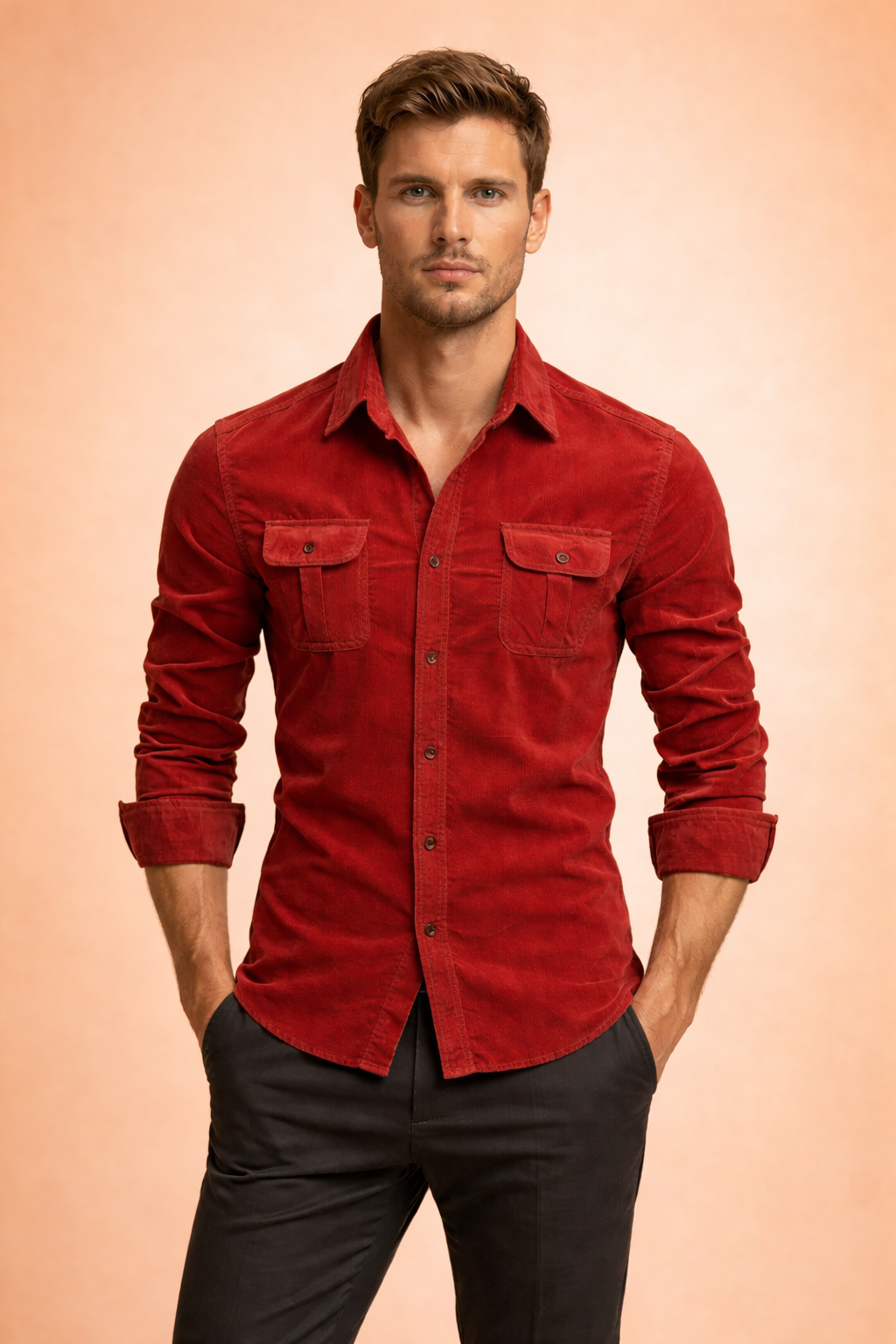 Men's stylish button-up shirt, long sleeve, with front pockets. Perfect for smart casual and everyday wear.