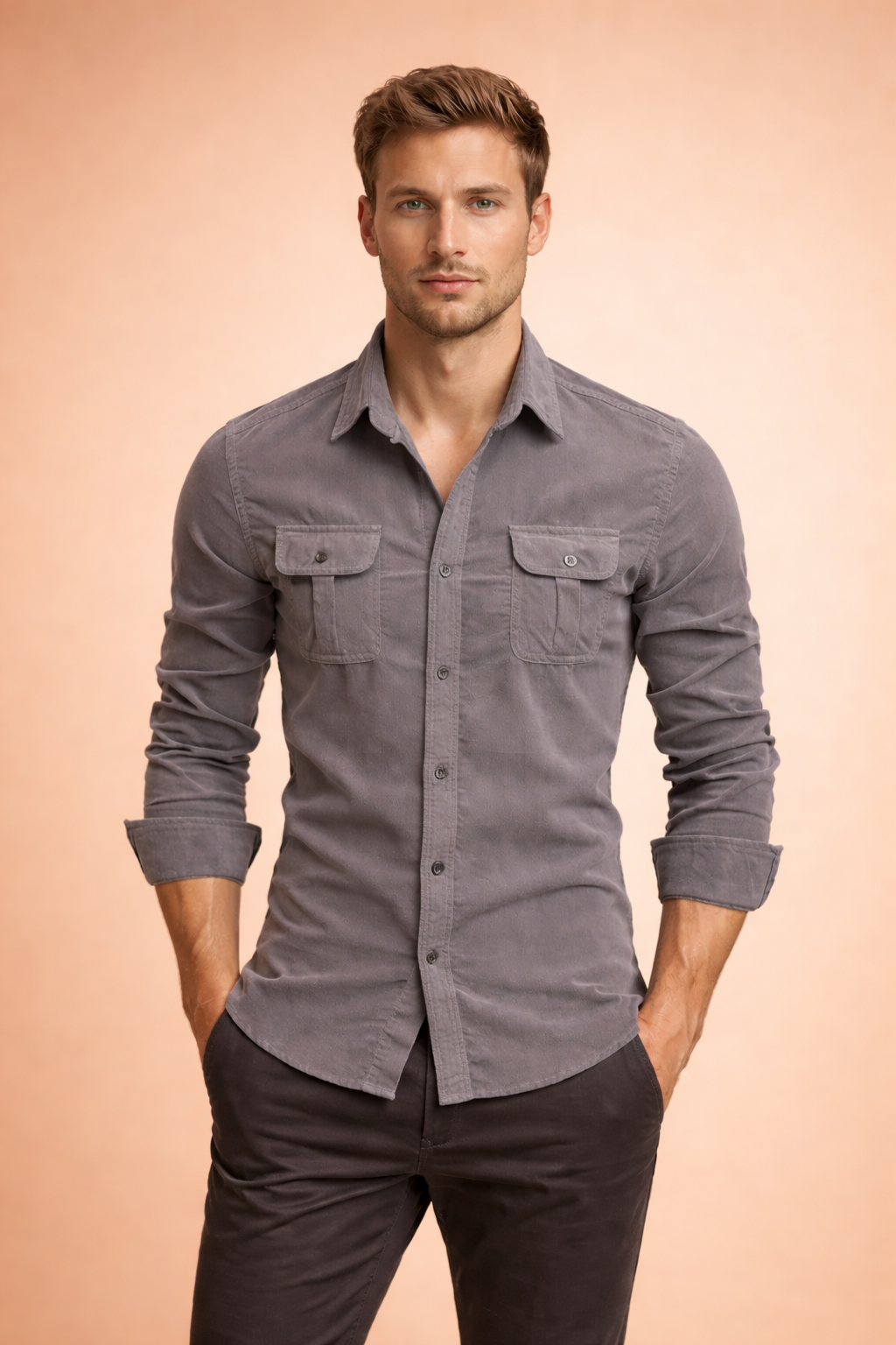 Versatile men's button-up shirt with pockets for a comfortable, stylish smart casual look. Long sleeves.