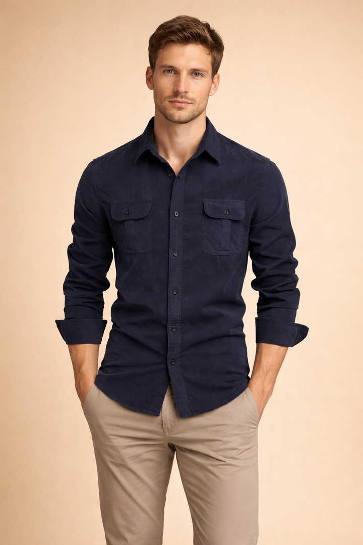 Back view of a men's casual button-up shirt, showing a comfortable, modern fit for everyday style.