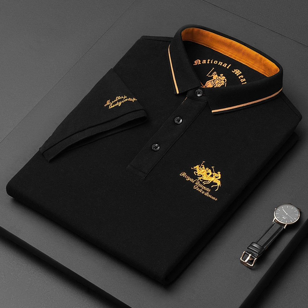 Men's stylish embroidered polo shirt. Trendy Henry short sleeve polo, a modern classic for smart casual wear.