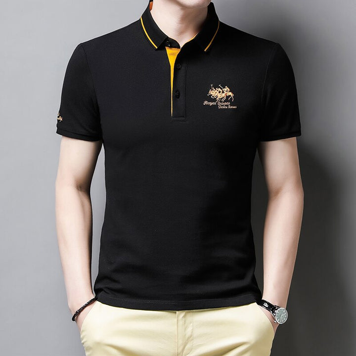Fashionable men's Henry embroidered polo, ideal for versatile casual wear & summer fashion. Short sleeve.