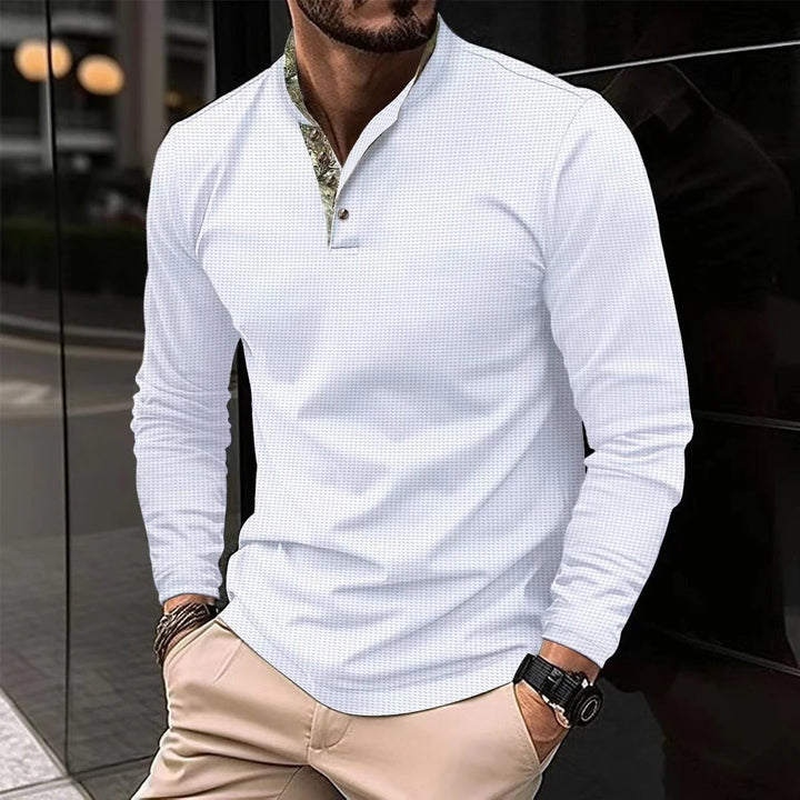 Elegant men's long sleeve collared polo shirt, offering a comfortable and stylish look for various occasions.