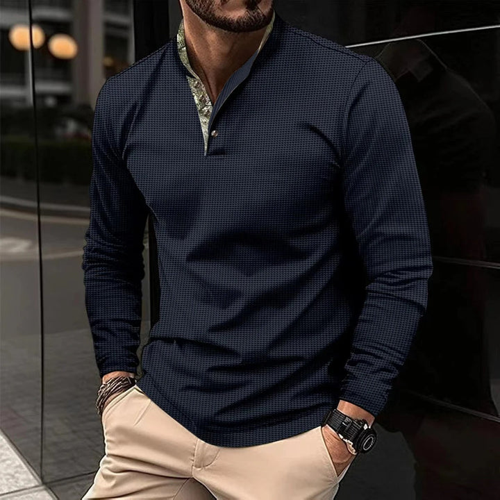 Fashionable men's Finn long sleeve polo shirt, a smart casual collared top for modern men's wardrobes.