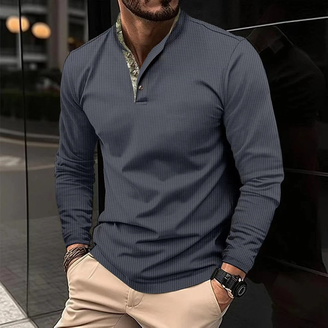 Comfortable men's long sleeve Finn polo shirt, great for versatile everyday wear and stylish seasonal layering.