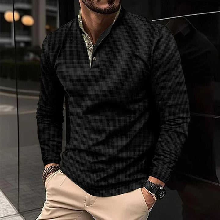 Stylish men's Finn long sleeve polo shirt, a perfect everyday collared top for smart casual men's fashion.