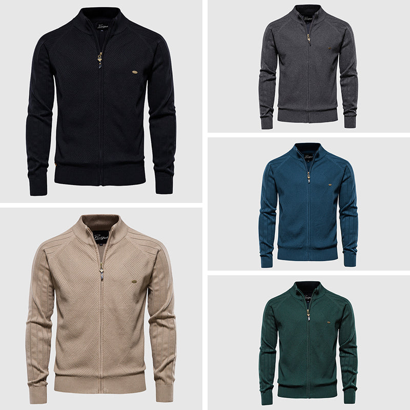 Men's stylish full-zip cardigan sweater, ideal for everyday comfort & casual wear. Versatile layering piece for modern menswear.