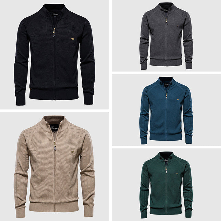Men's stylish full-zip cardigan sweater, ideal for everyday comfort & casual wear. Versatile layering piece for modern menswear.