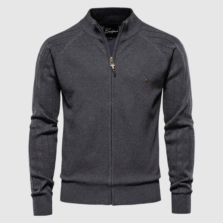 Modern men's full-zip cardigan, functioning as a lightweight jacket. Stylish outerwear for casual fashion & layering comfort.