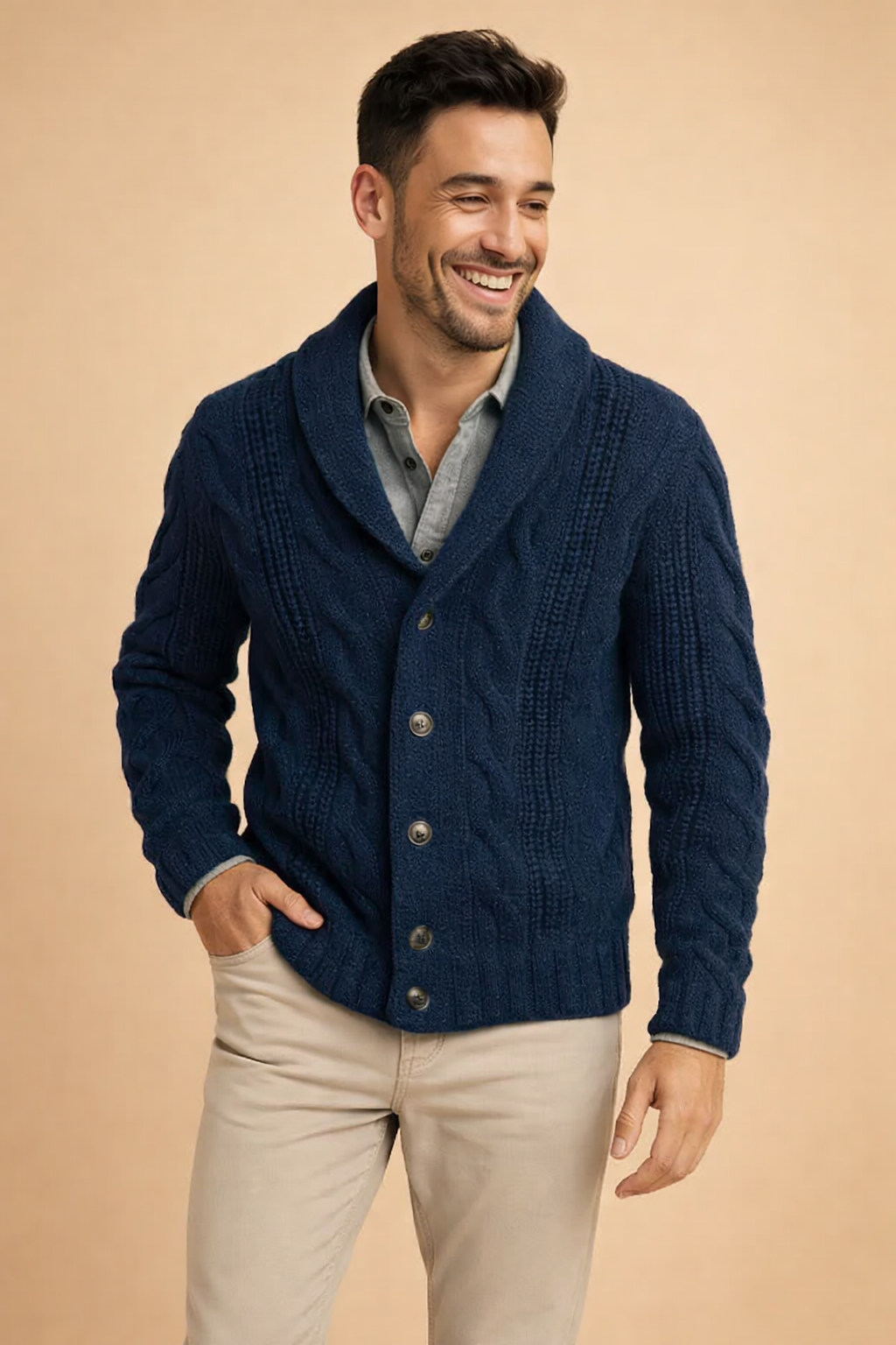 Men's stylish knit button-front cardigan with shawl collar for versatile everyday and office wear.