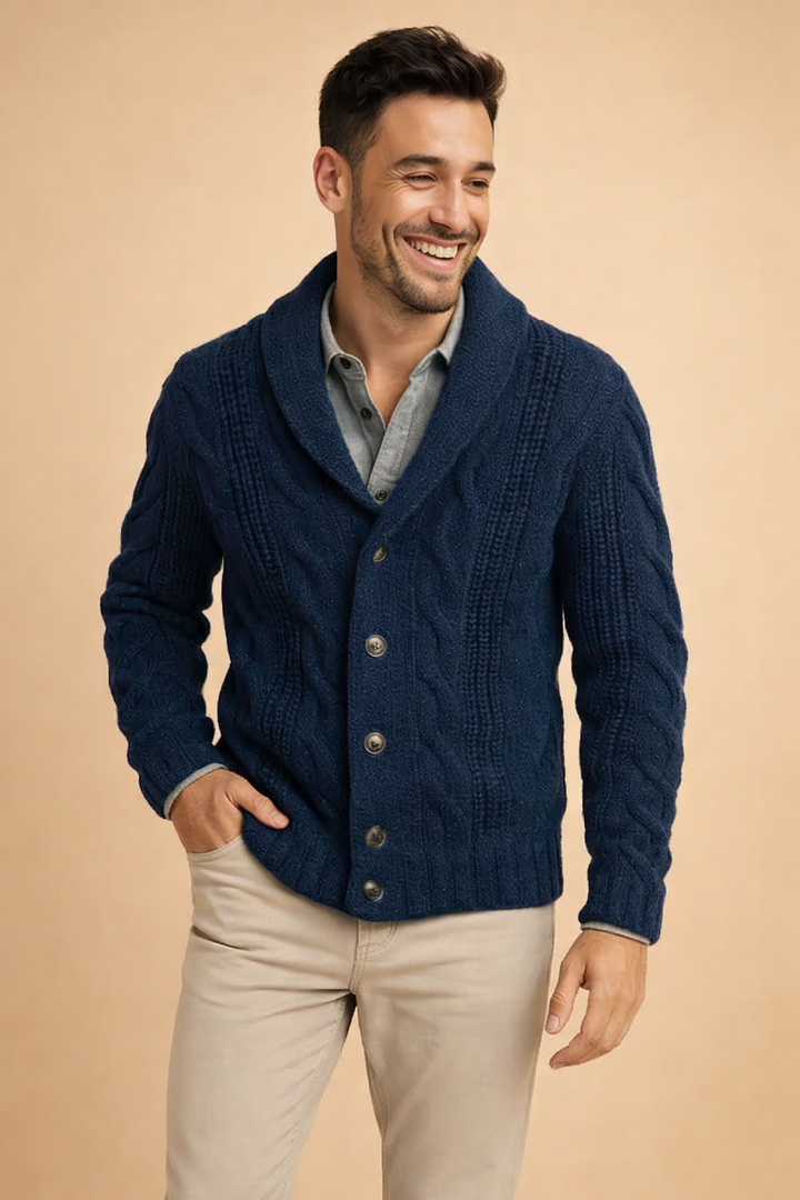 Men's stylish knit button-front cardigan with shawl collar for versatile everyday and office wear.