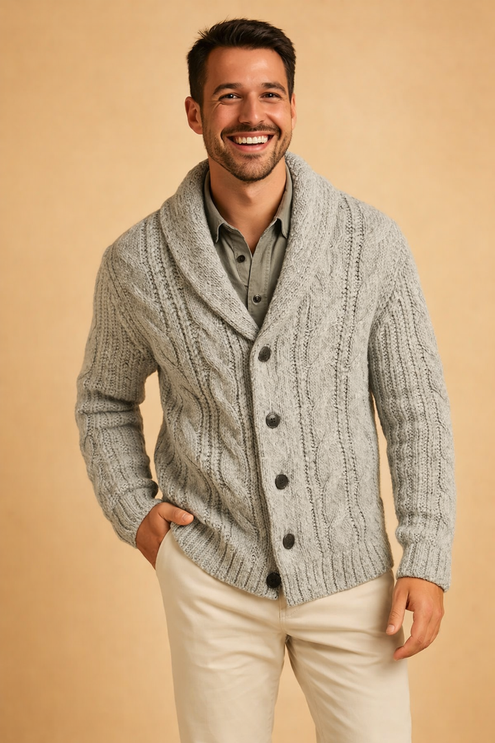 Warm men's knitwear cardigan, button-front style, perfect for layering casual or office outfits.